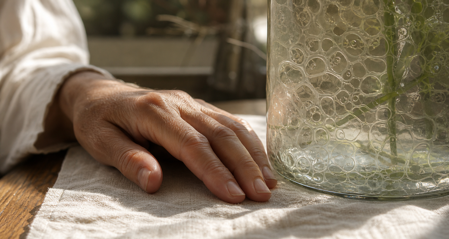 Mano adulta junto a un vidrio orgánico que evoca la energía celular
